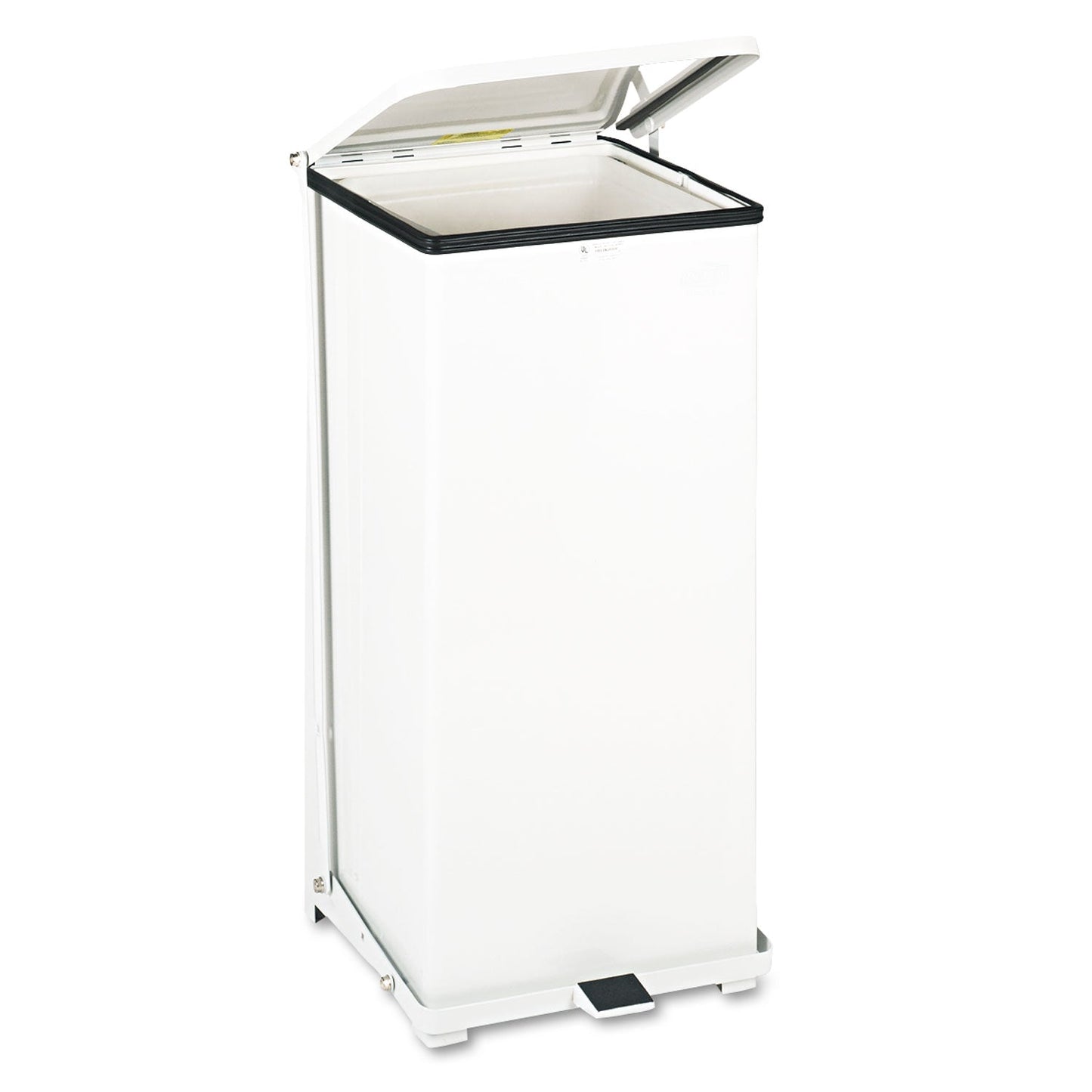 RCPST24EPLWH Defenders Heavy-Duty Steel Step Can, 13 gal, Steel, White RUBBERMAID COMMERCIAL PROD.