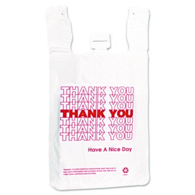 IBSTHW2VAL HDPE T-Shirt Bags, Thank You - Have a Nice Day Labeling, Cut-Out Handles, 12" x 7" x 23", White/Red, 500/Carton INTEGRATED BAGGING SYSTEMS