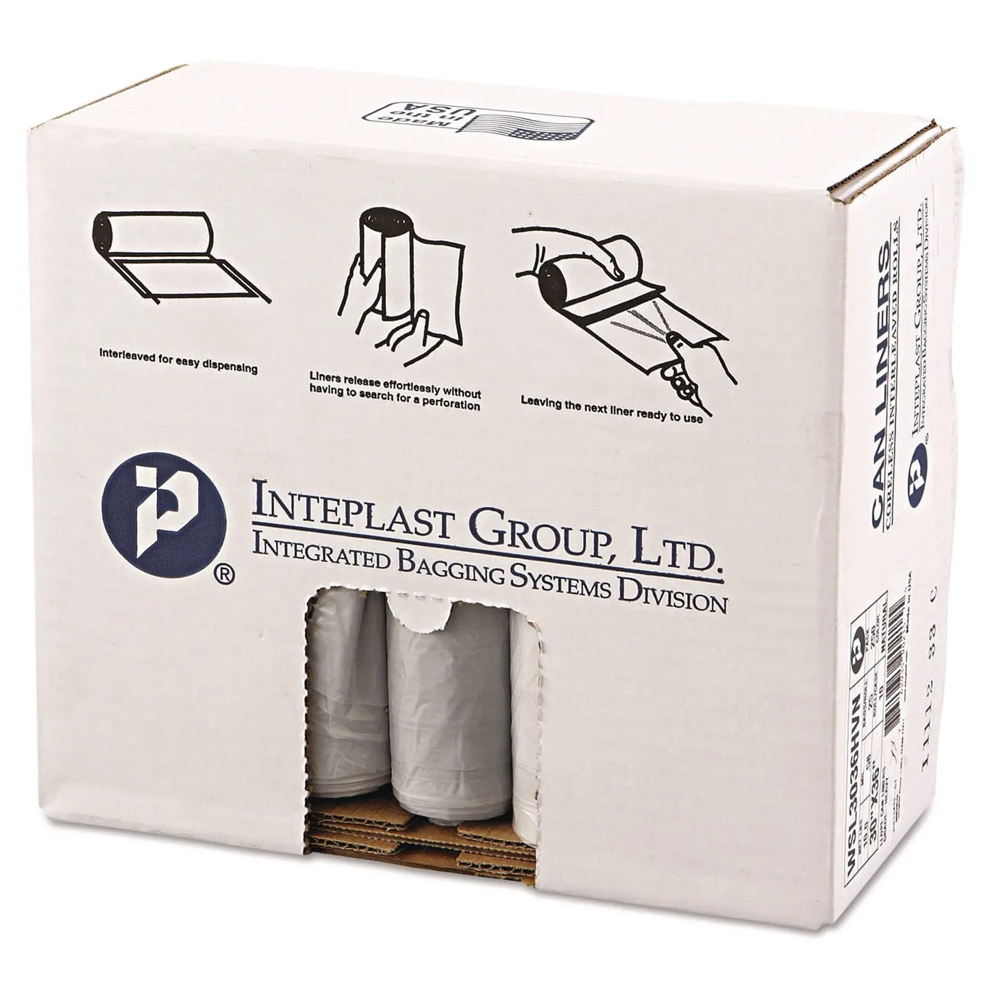 IBSSL3036HVN Low-Density Commercial Can Liners, 30 gal, 0.58 mil, 30" x 36", Clear, Interleaved Roll, 25 Bags/Roll, 10 Rolls/Carton Inteplast Group