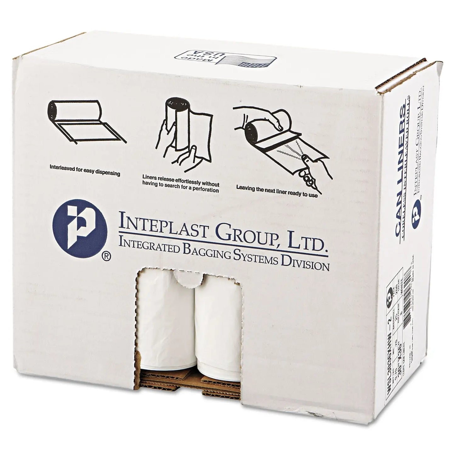 IBSSL3036XHW2 Low-Density Commercial Can Liners, 30 gal, 0.7 mil, 30" x 36", White, Interleaved Roll, 25 Bags/Roll, 8 Rolls/Carton Inteplast Group
