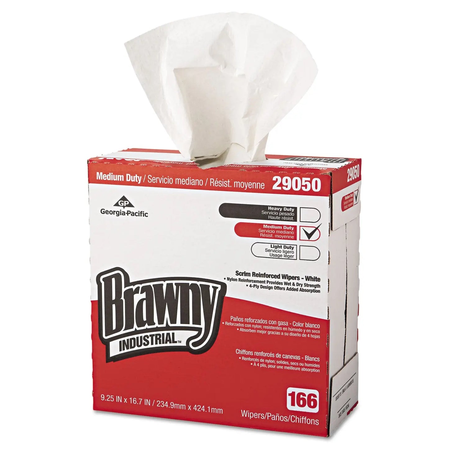 GPC2905003 Medium Duty Scrim Reinforced Wipers, 4-Ply, 9.25 x 16.69, Unscented, White, 166/Box, 5 Boxes/Carton Brawny Professional