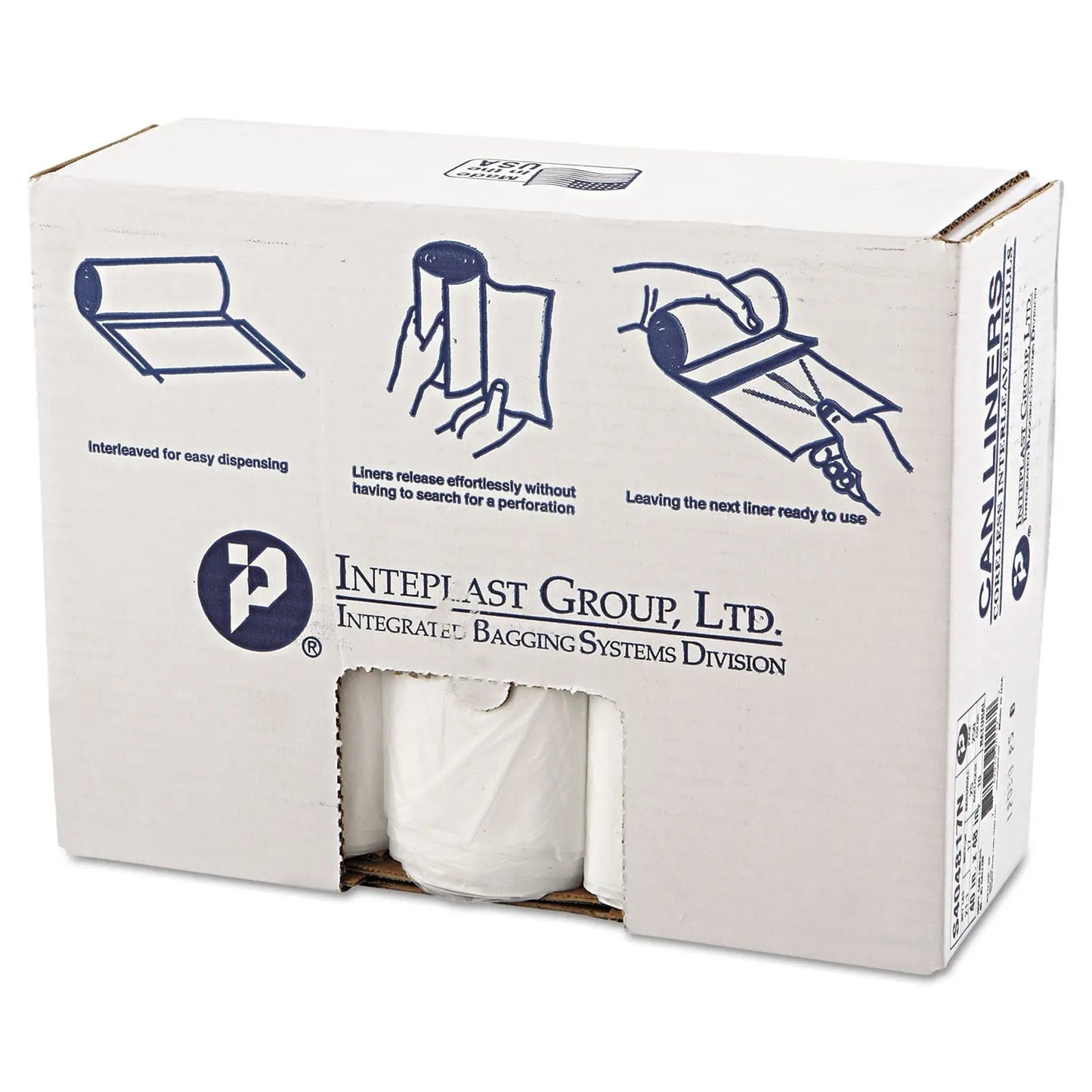 IBSS404817N High-Density Commercial Can Liners, 45 gal, 17 mic, 40" x 48", Clear, Interleaved Roll, 25 Bags/Roll, 10 Rolls/Carton Inteplast Group