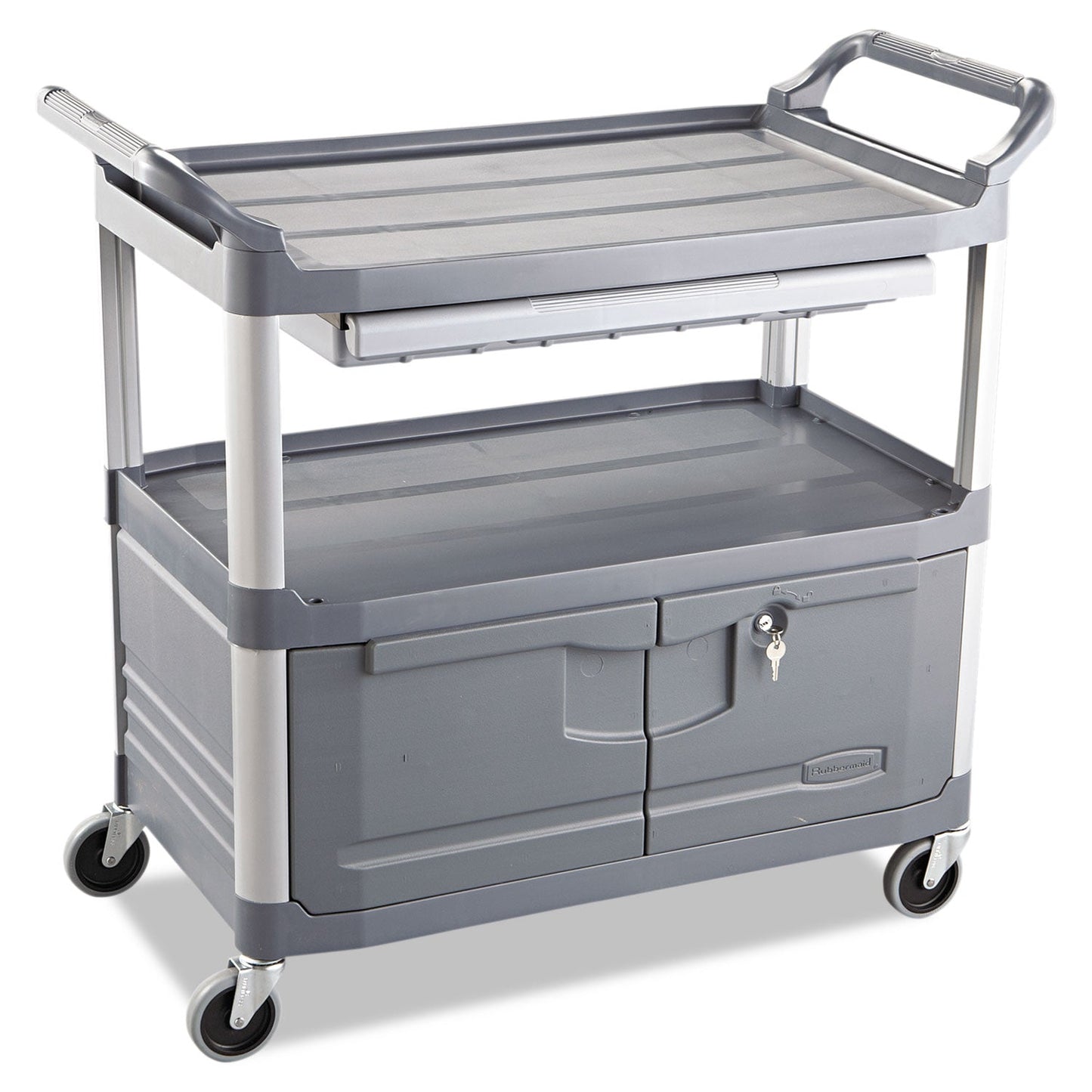 RCP4094GRA Xtra Instrument Cart with Locking Storage Area, Plastic, 3 Shelves, 300 lb Capacity, 20" x 40.63" x 37.8", Gray RUBBERMAID COMMERCIAL PROD.