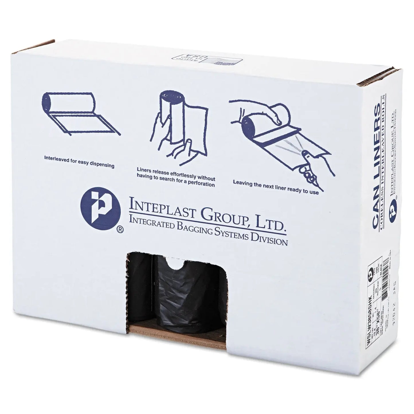 IBSSLW3858SHK Low-Density Commercial Can Liners, 60 gal, 1.4 mil, 38" x 58", Black, Interleaved Roll, 20 Bags/Roll, 5 Rolls/Carton Inteplast Group