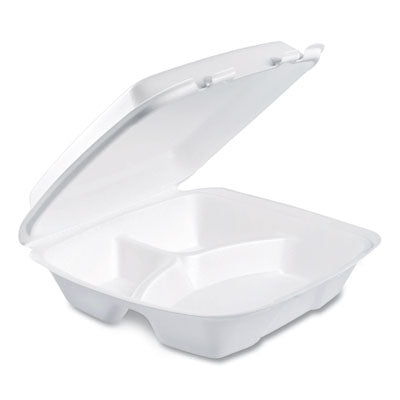 DCC90HTPF3R Foam Hinged Lid Container, Performer Perforated Lid, 3 Compartments, 9 x 9.4 x 3, White, 100/Bag, 2 Bag/Carton DART