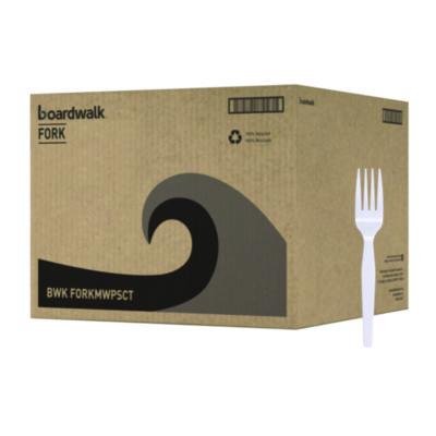 BWKFORKMWPSCT Mediumweight Polystyrene Cutlery, Fork, Plastic, White, 100/Box, 10 Boxes/Carton BOARDWALK