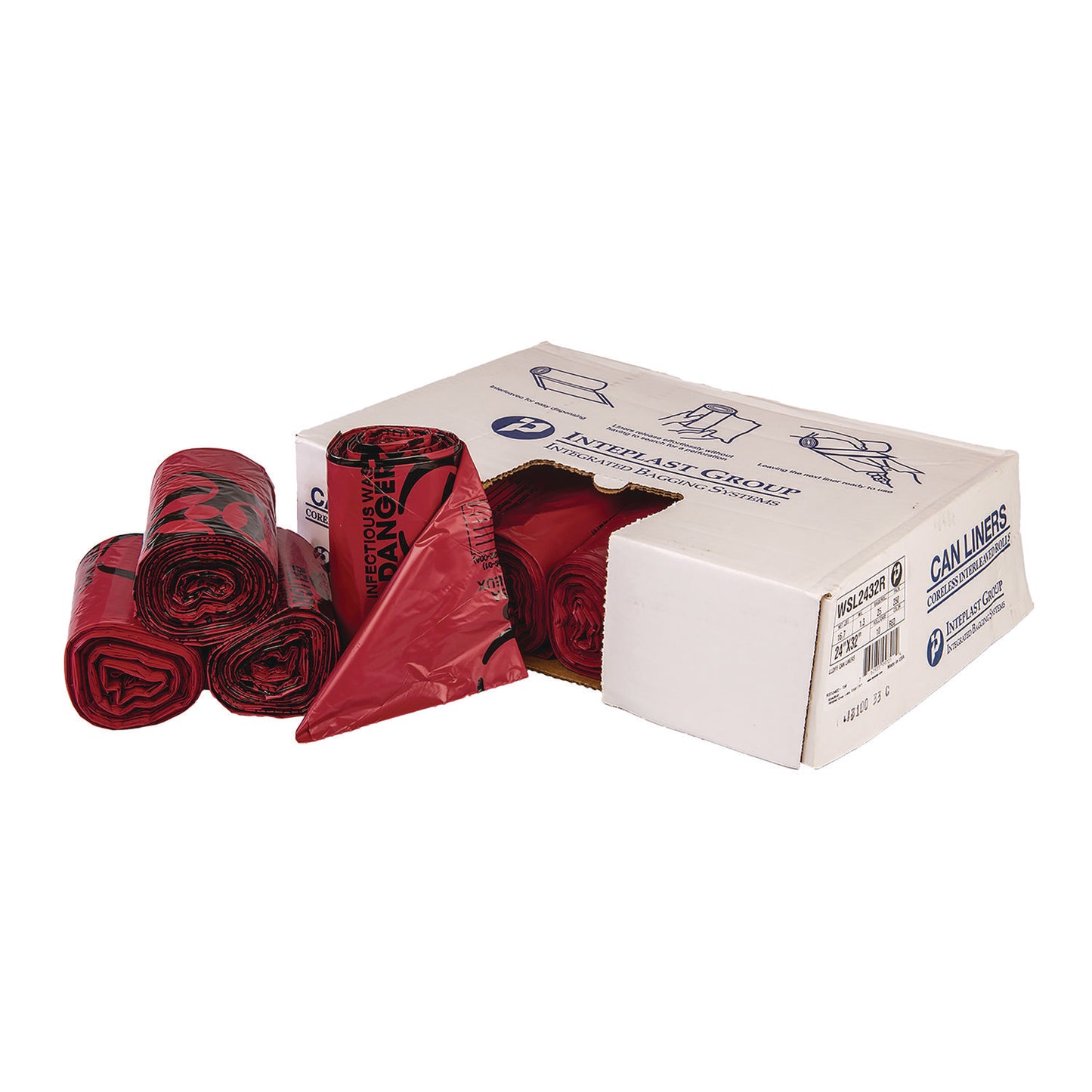 IBSSL2423R Institutional Low-Density Can Liners, Infectious Waste Biohazard, 10 gal, 1.3 mil, 24 x 23, Red, Interleaved, 25/RL, 10 RL/CT