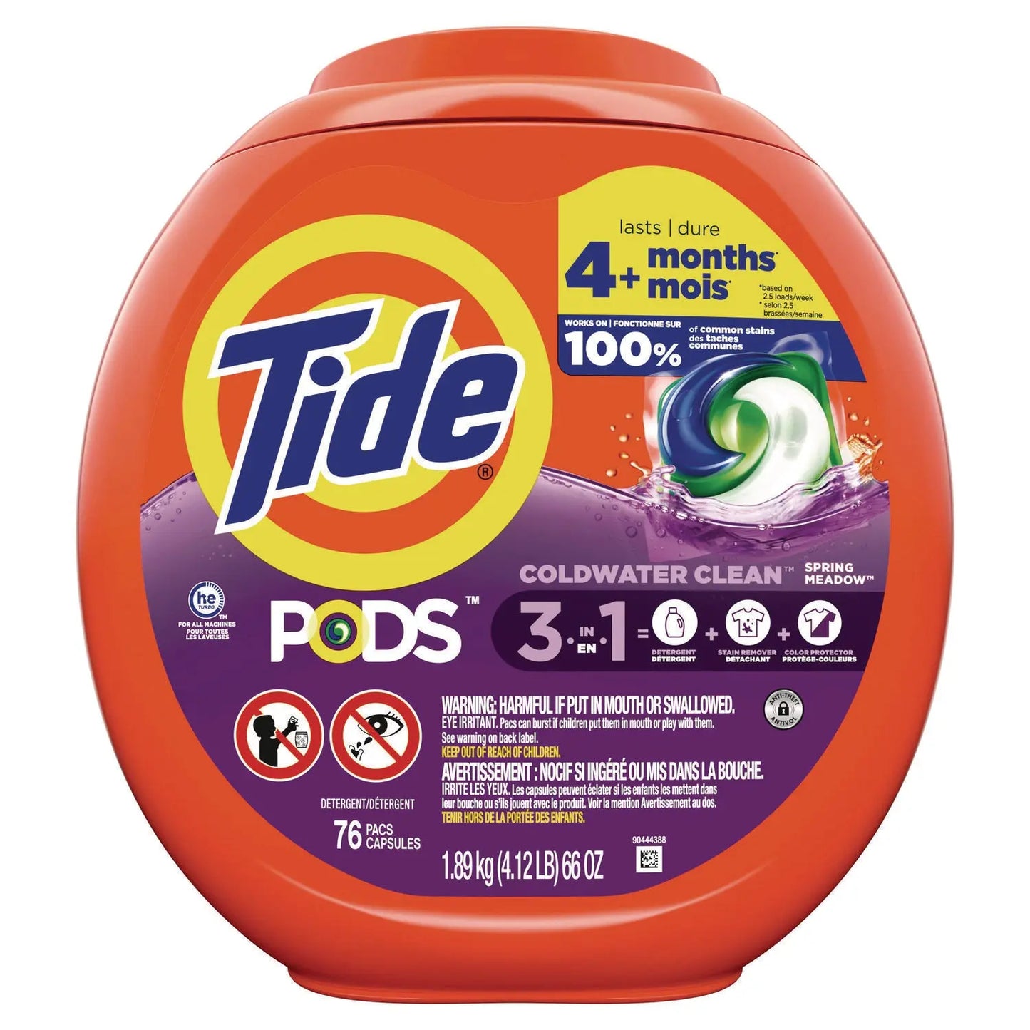 PGC09166CT PODS Laundry Detergent, HE Compatible, Spring Meadow, 57 oz Tub, 76 Pacs/Tub, 4 Tubs/Carton Tide