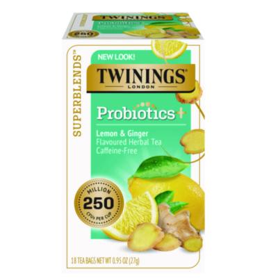 TWGTNA95223 Probiotics Lemon and Ginger Herbal Tea Bags, 0.05 oz, 18/Box TWININGS NORTH AMERICA INC