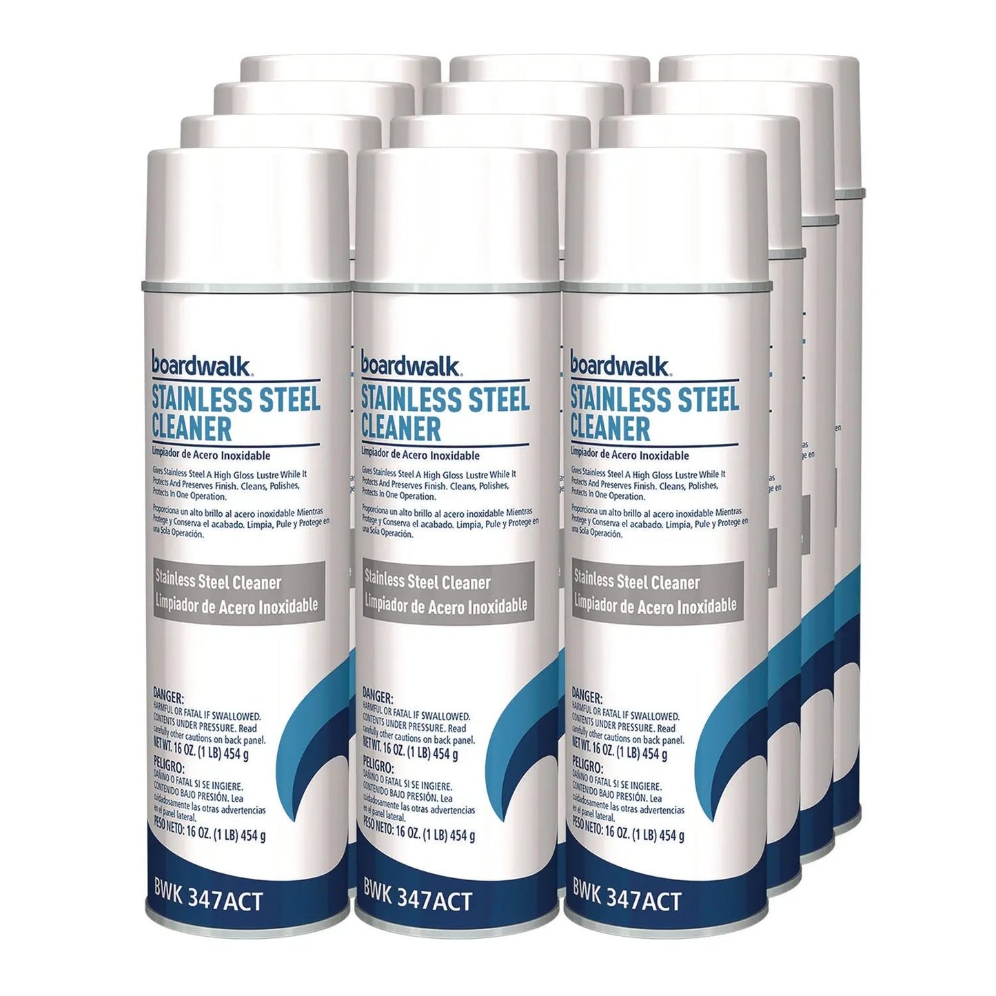 BWK347ACT Stainless Steel Cleaner and Polish, Water-in-Oil Based, Lemon Scent, 18 oz Aerosol Spray, 12/Carton Boardwalk