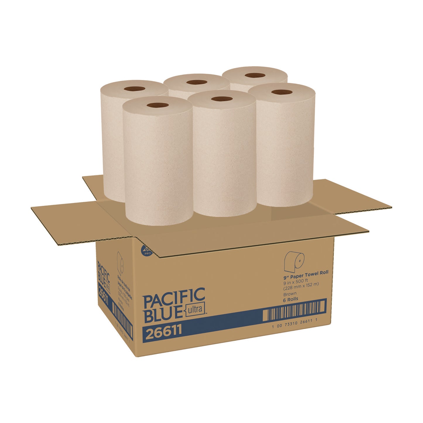 GPC26611 Pacific Blue Ultra Paper Towels, 1-Ply, 9" x 6,000 ft, Brown, 6/Carton