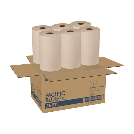 GPC26611 Pacific Blue Ultra Paper Towels, 1-Ply, 9" x 6,000 ft, Brown, 6/Carton