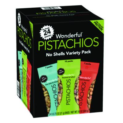 WONPAR70086 No Shells Roasted and Salted Pistachios Variety Pack, Assorted Flavors, 0.75 oz Bag, 24/Carton THE WONDERFUL COMPANY, LLC