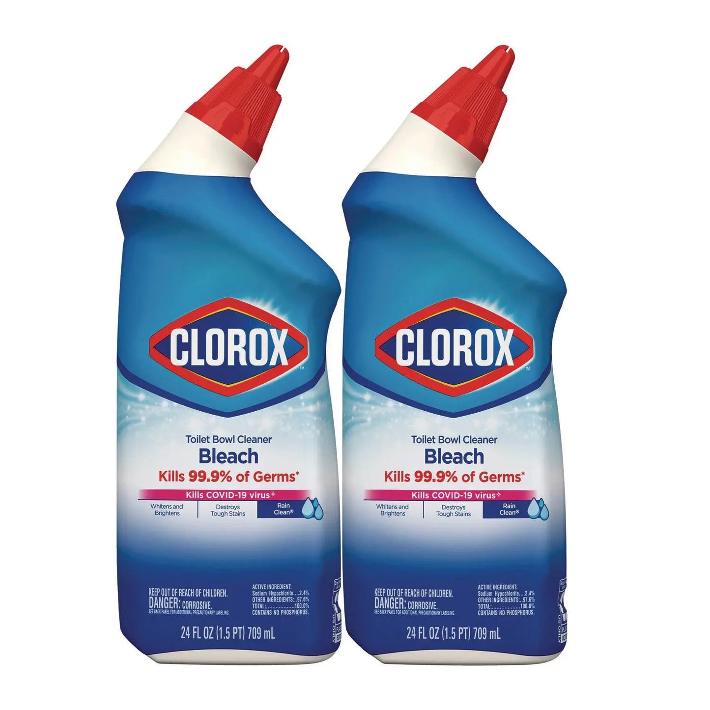 CLO30924 Disinfecting Toilet Bowl Cleaner with Bleach, Rain Clean Scent, 24 oz Bottle, 2/Pack Clorox