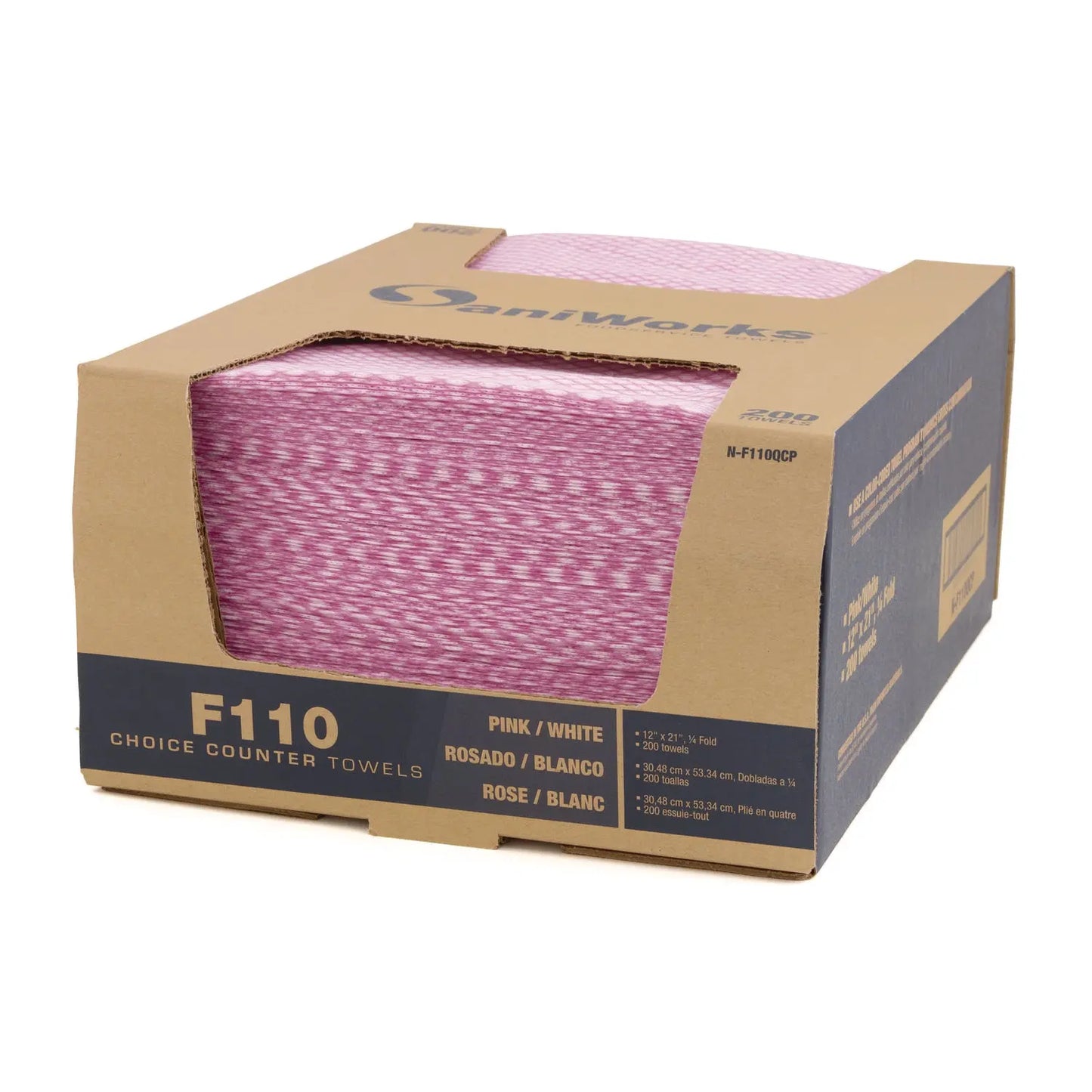 HOSNF110QCP Choice Counter Foodservice Wiper, 1-Ply, 12 x 21, Pink/White, 200/Carton SaniWorks