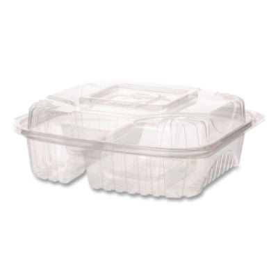 ECOEPLC83 Renewable and Compostable Clear Clamshell Hinged Food Containers, 3 Compartments, 8 x 8 x 3, Plastic, 80/Pack, 2 Packs/Carton
