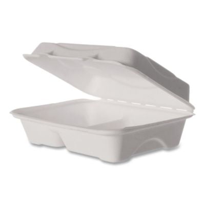 ECOEPB002NFA Vanguard Renewable and Compostable Sugarcane Clamshells, 3 Compartments, 9 x 6 x 3, White, 250/Carton