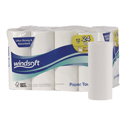 WIN12216 Premium Kitchen Roll Towels, 2-Ply, 11 x 6, White, 110/Roll, 12 Rolls/Carton