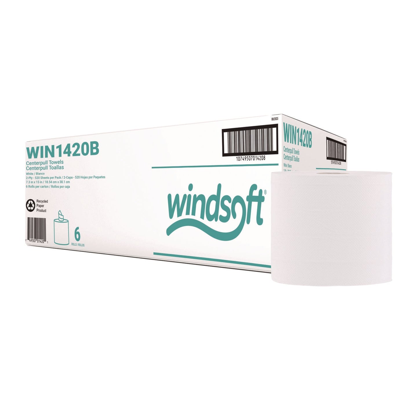 WIN1420B Center-Flow Perforated Paper Towel Roll, 7.3 x 15, White, 6 Rolls/Carton Windsoft