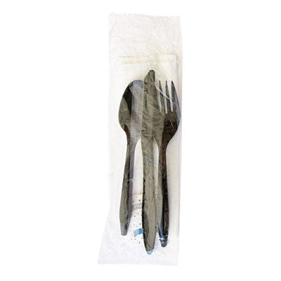 BWKCOMBO6KIT Six-Piece Cutlery Kit, Mediumweight, Fork/Knife/Napkin/Pepper/Salt/Spoon, 5.86", Plastic, Black, 250/Carton BOARDWALK