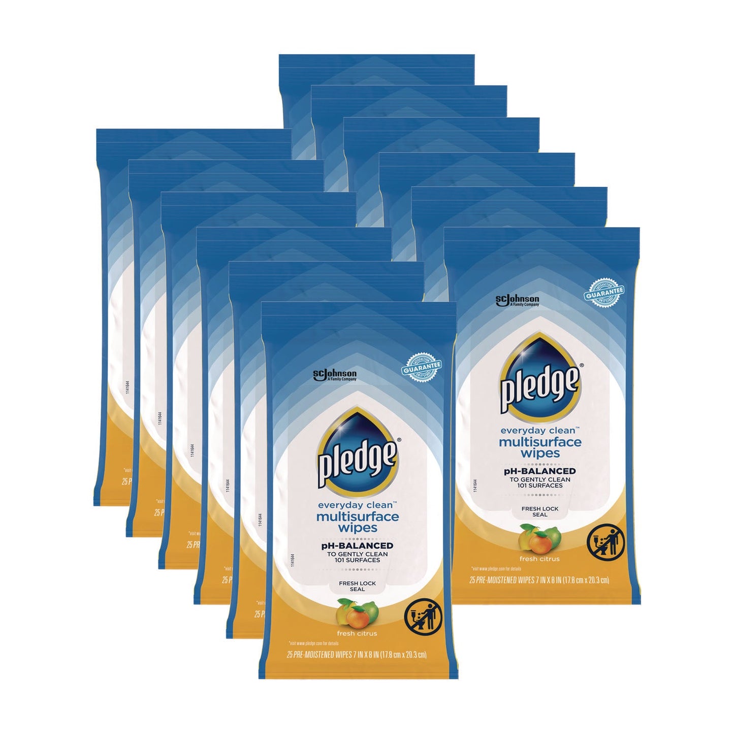 SJN336274 Multi-Surface Cleaner Wet Wipes, Cloth, 7 x 10, Fresh Citrus, White, 25/Pack, 12 Packs/Carton Pledge