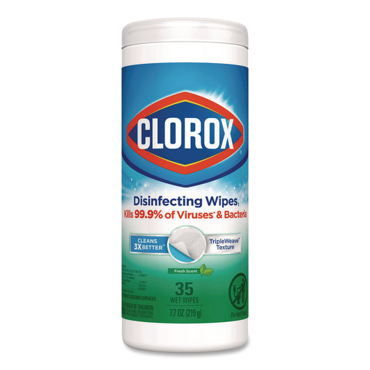 CLO01593EA Disinfecting Wipes, Bleach Free Cleaning Wipes, 1-Ply, 7 x 8, Fresh Scent, White, 35/Canister