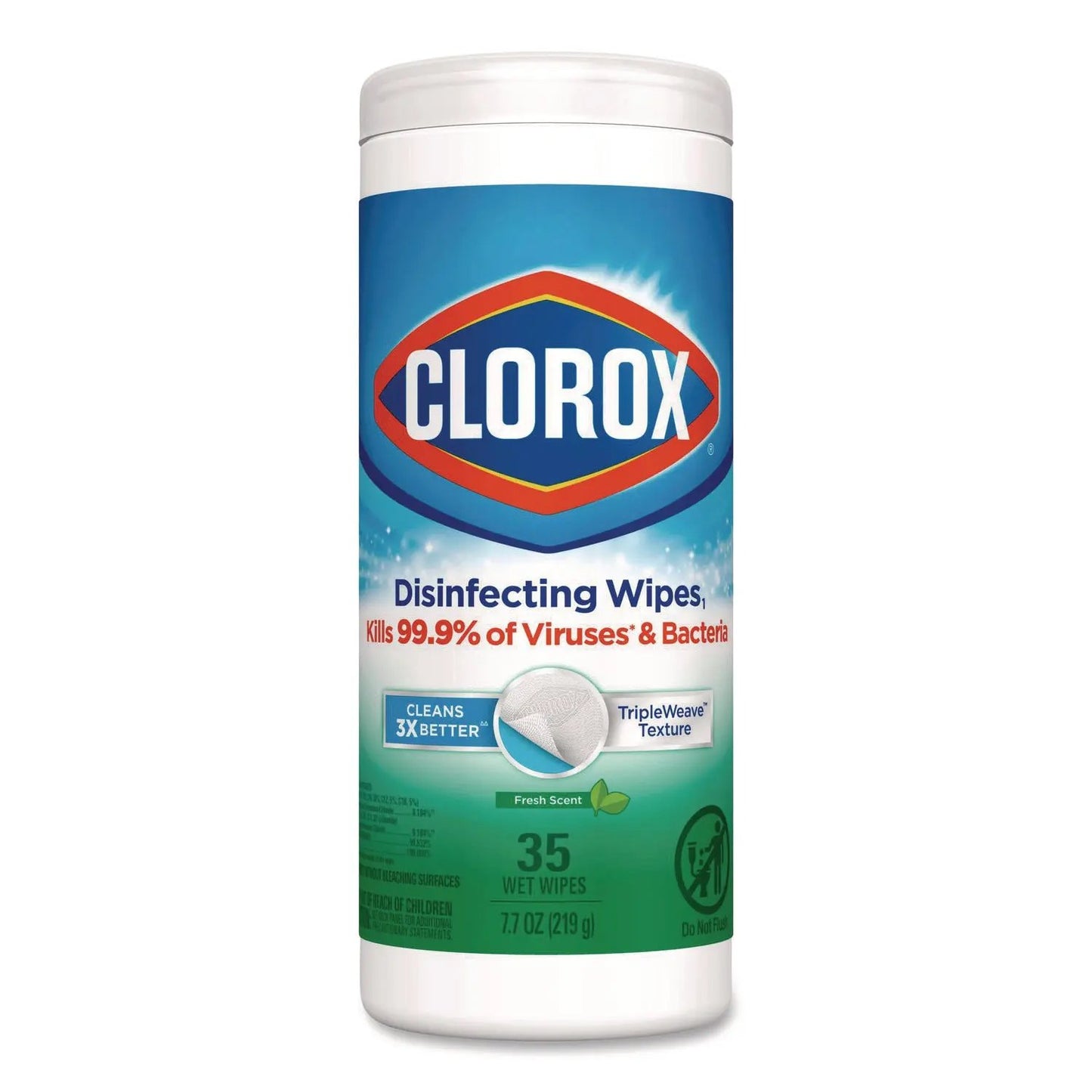 CLO01593EA Disinfecting Wipes, Bleach Free Cleaning Wipes, 1-Ply, 7 x 8, Fresh Scent, White, 35/Canister Clorox