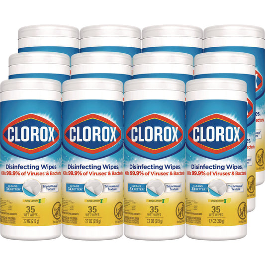CLO01594CT Disinfecting Wipes, Bleach Free Cleaning Wipes, 1-Ply, 7 x 8, Crisp Lemon, White, 35/Canister, 12 Canisters/Carton
