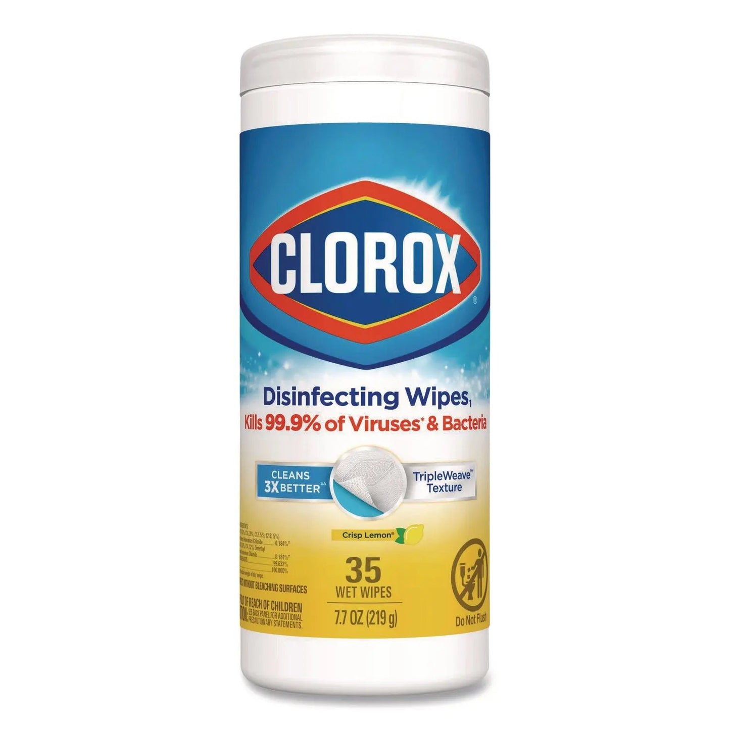 CLO01594EA Disinfecting Wipes, Bleach Free Cleaning Wipes, 1-Ply, 7 x 8, Crisp Lemon, White, 35/Canister Clorox