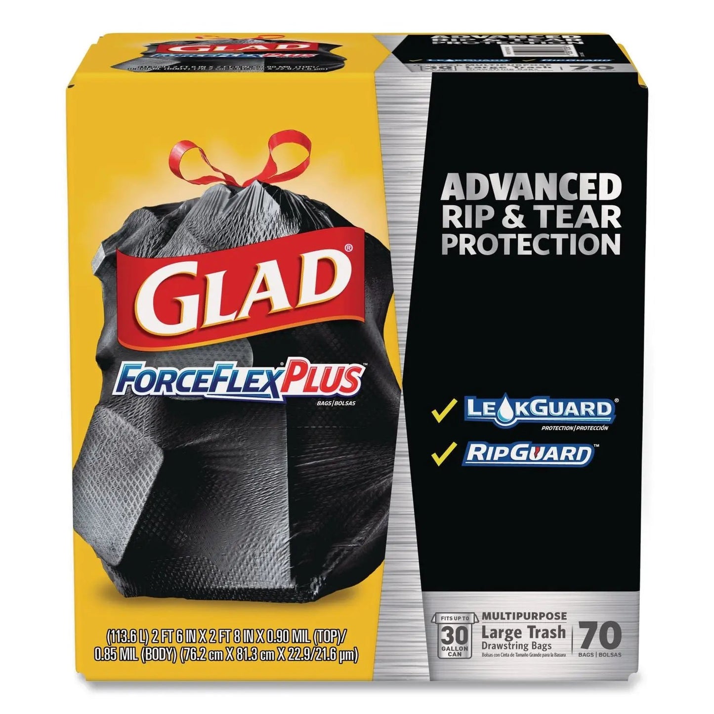 CLO70358 Forceflexplus Drawstring Large Trash Bags, 30 Gal, 1.05 Mil, 30" X 32", Black, 70/box Glad
