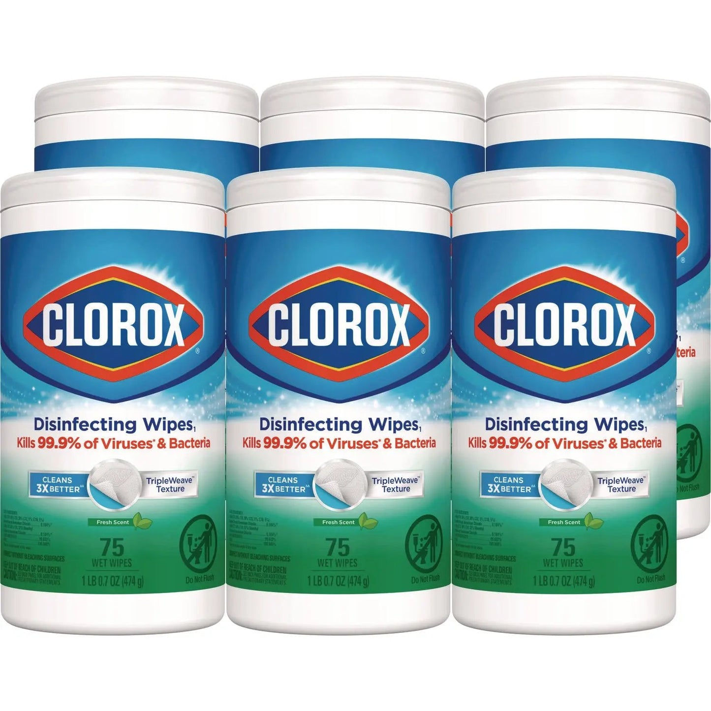CLO01656 Disinfecting Wipes, Bleach Free Cleaning Wipes, 1-Ply, 7 x 8, Fresh Scent, White, 75/Canister, 6 Canisters/Carton Clorox