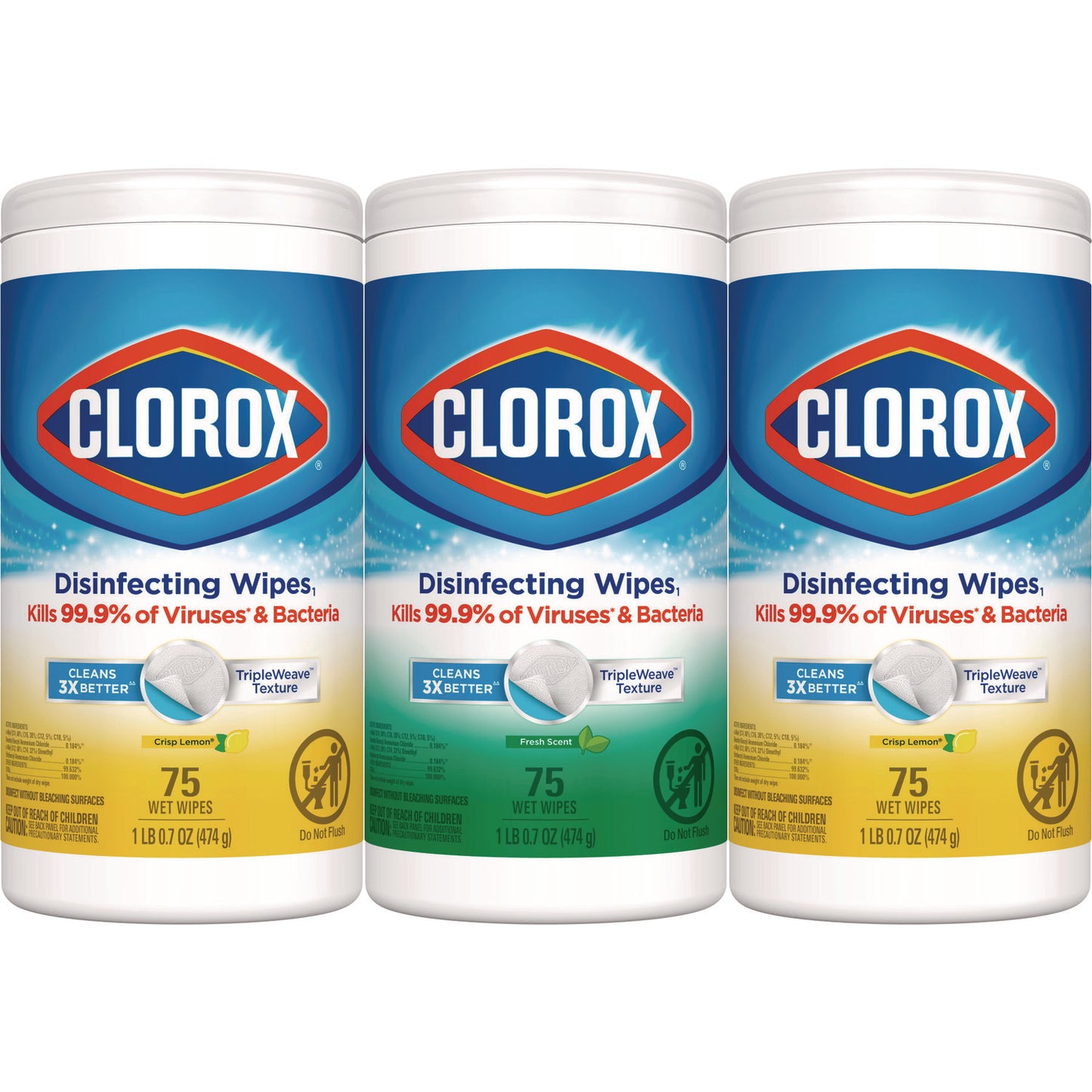 CLO30208PK Disinfecting Wipes, Value Pack, Bleach Free Cleaning Wipes, 1-Ply, 7x8, Fresh Scent/Citrus Blend, White, 75/Canister, 3/Pack