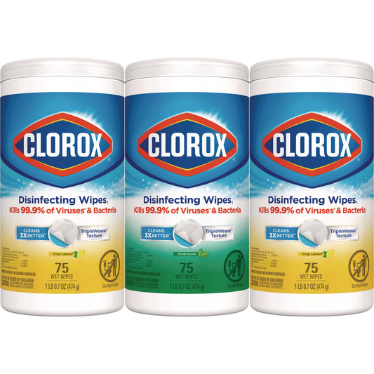 CLO30208PK Disinfecting Wipes, Value Pack, Bleach Free Cleaning Wipes, 1-Ply, 7x8, Fresh Scent/Citrus Blend, White, 75/Canister, 3/Pack