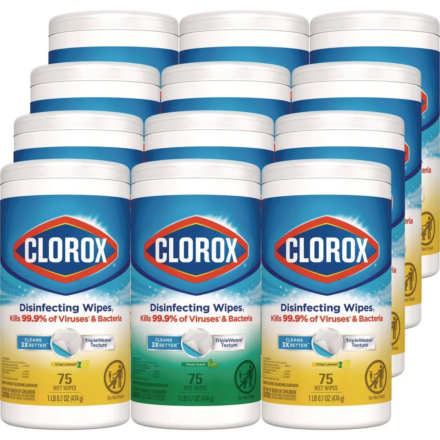 CLO30208 Disinfecting Wipes, Bleach Free Cleaning Wipes, 1-Ply, 7 x 8, Fresh Scent/Citrus Blend, White, 75/Canister, 3/Pack, 4/Carton Clorox
