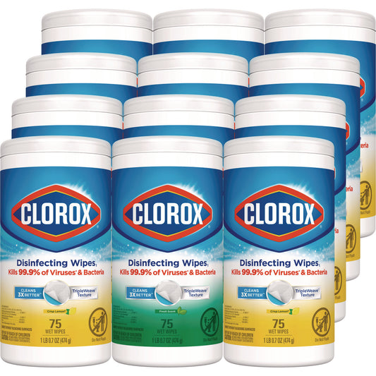 CLO30208 Disinfecting Wipes, Bleach Free Cleaning Wipes, 1-Ply, 7 x 8, Fresh Scent/Citrus Blend, White, 75/Canister, 3/Pack, 4/Carton