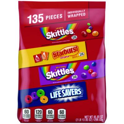 SKT29689 Skittles, Starburst and Life Savers Fun Size Fruity Candy Assortment, 45.85 oz Bag, 135 Pieces, Individually Wrapped