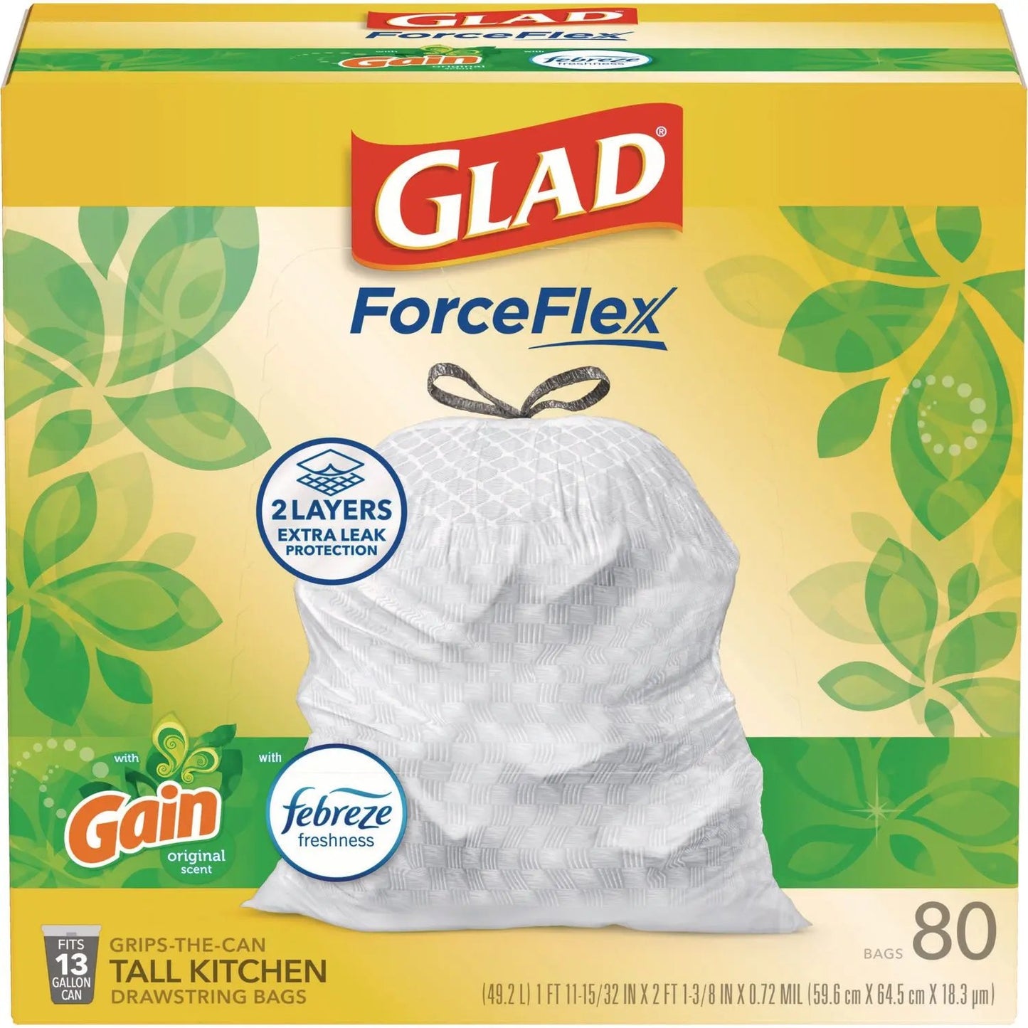 CLO78900BX ForceFlex Kitchen Drawstring Trash Bags, 13 gal, Gain Original Scent, 24 x 27.38, White, 80/Box Glad