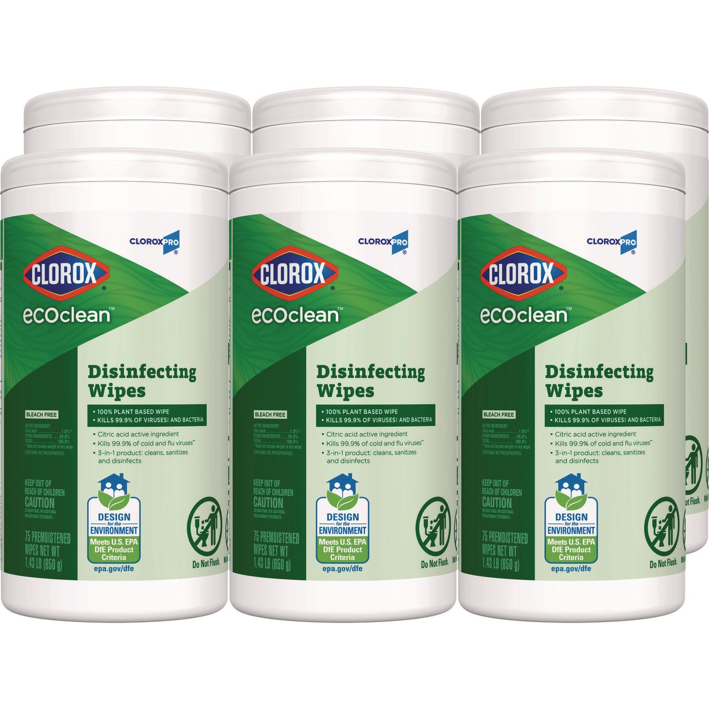 CLO60605CT CloroxPro EcoClean Disinfecting Wipes, 1-Ply, 8 x 7, Unscented, White, 75 Count, 6/Carton
