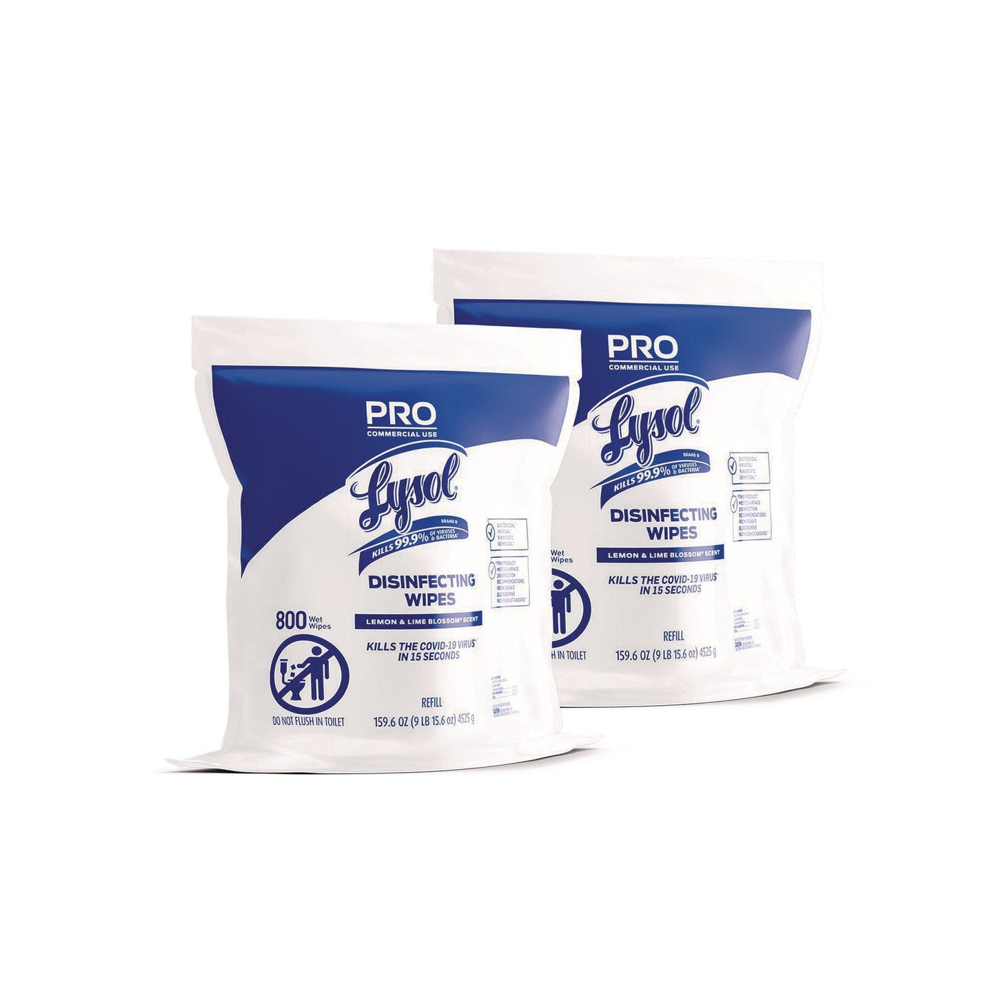 RAC99857CT Professional Disinfecting Wipe Bucket Refill, 1-Ply, 6 x 8, Lemon and Lime Blossom, White, 800 Wipes/Bag, 2 Refill Bags/CT LYSOL Brand