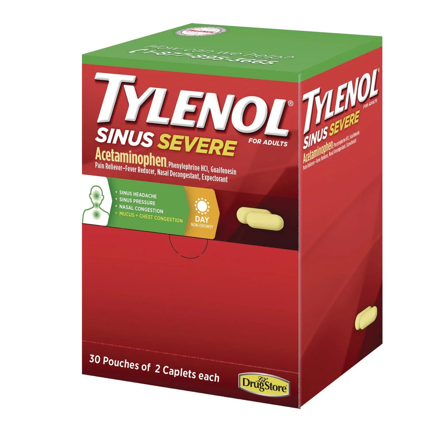 JOJ64578 Sinus Severe Acetaminophen Daytime Pain Reliever Caplet, 2 Caplets/Packet, 30 Packets/Box Tylenol