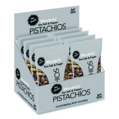 WPSPAR70144 No Shells Sea Salt and Pepper Pistachios, 2.25 oz Pack, 8/Box THE WONDERFUL COMPANY, LLC