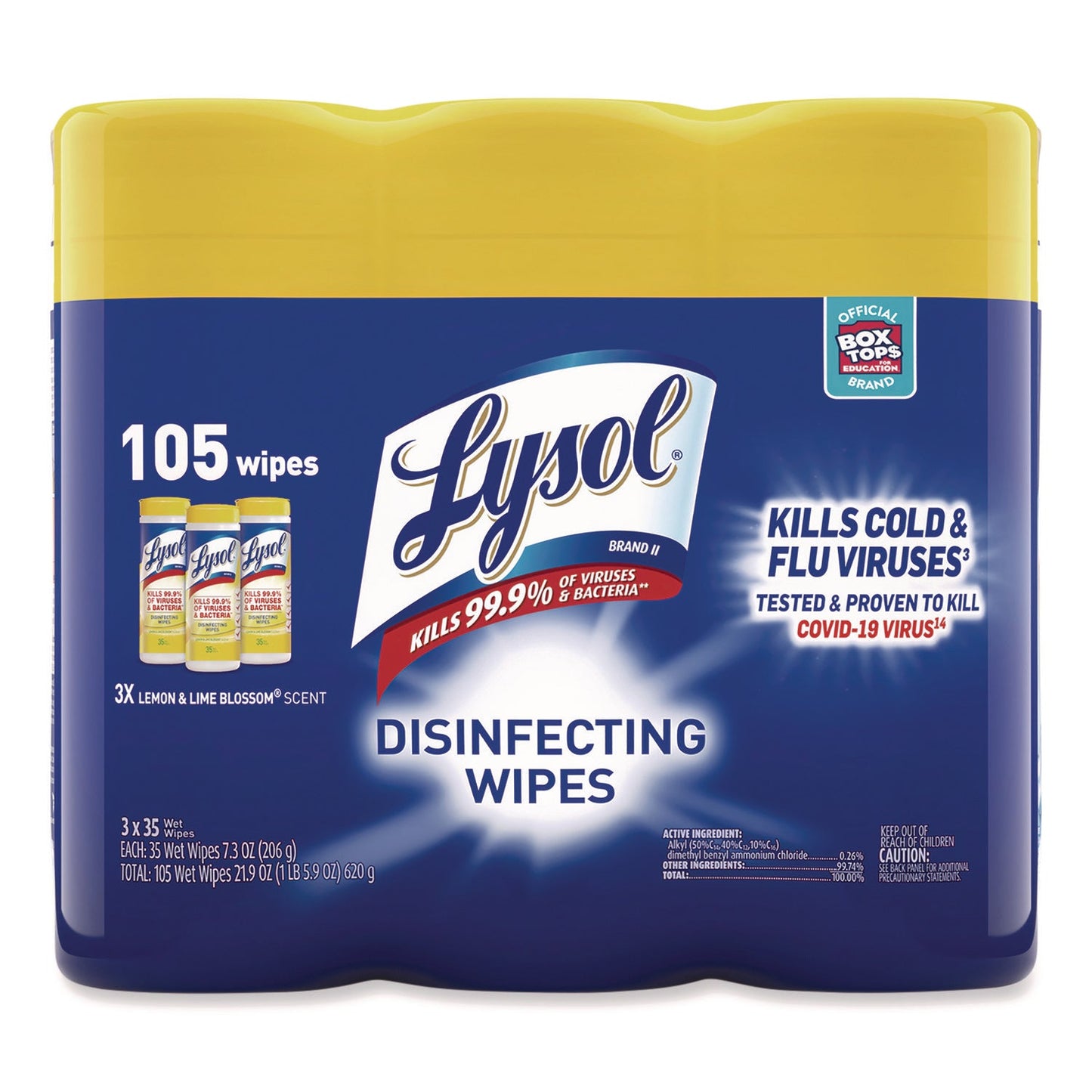 RAC82159CT Disinfecting Wipes, 1-Ply, 7 x 7.25, Lemon and Lime Blossom, White, 35 Wipes/Canister, 3 Canisters/Pack, 4 Packs/Carton LYSOL Brand