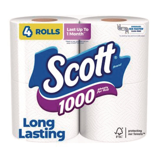 KCM10183 1000 Bathroom Tissue, Septic Safe, 1-Ply, White, 1,000 Sheets/Roll, 4 Rolls/Pack, 12 Packs/Carton