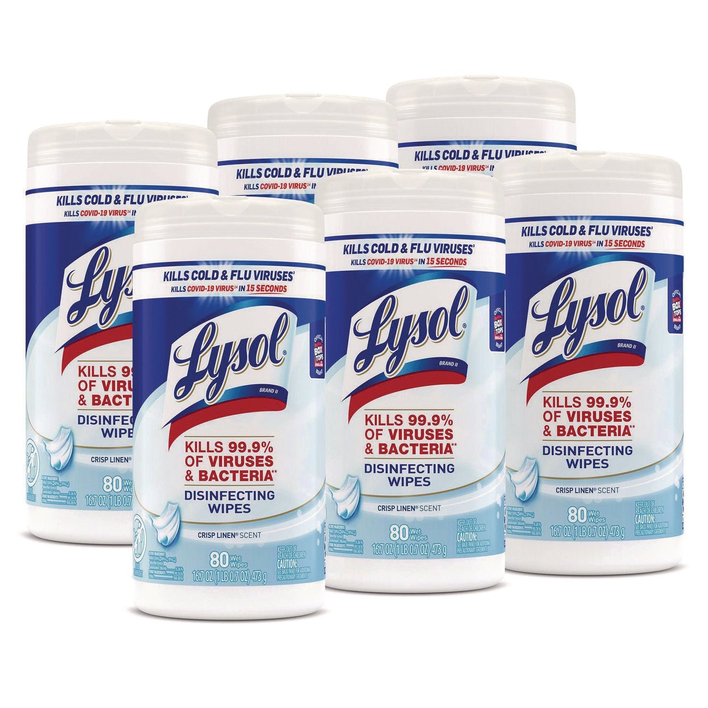 RAC89346CT Disinfecting Wipes, 1-Ply, 7 x 7.25, Crisp Linen, White, 80 Wipes/Canister, 6 Canisters/Carton LYSOL Brand