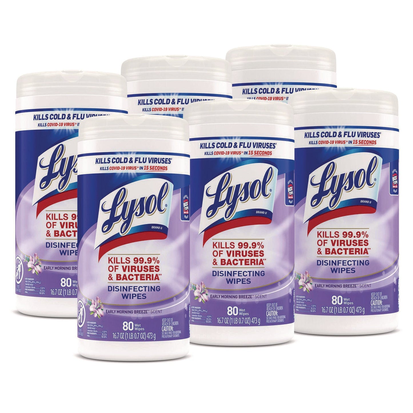 RAC89347CT Disinfecting Wipes, 1-Ply, 7 x 7.25, Early Morning Breeze, White, 80 Wipes/Canister, 6 Canisters/Carton LYSOL Brand
