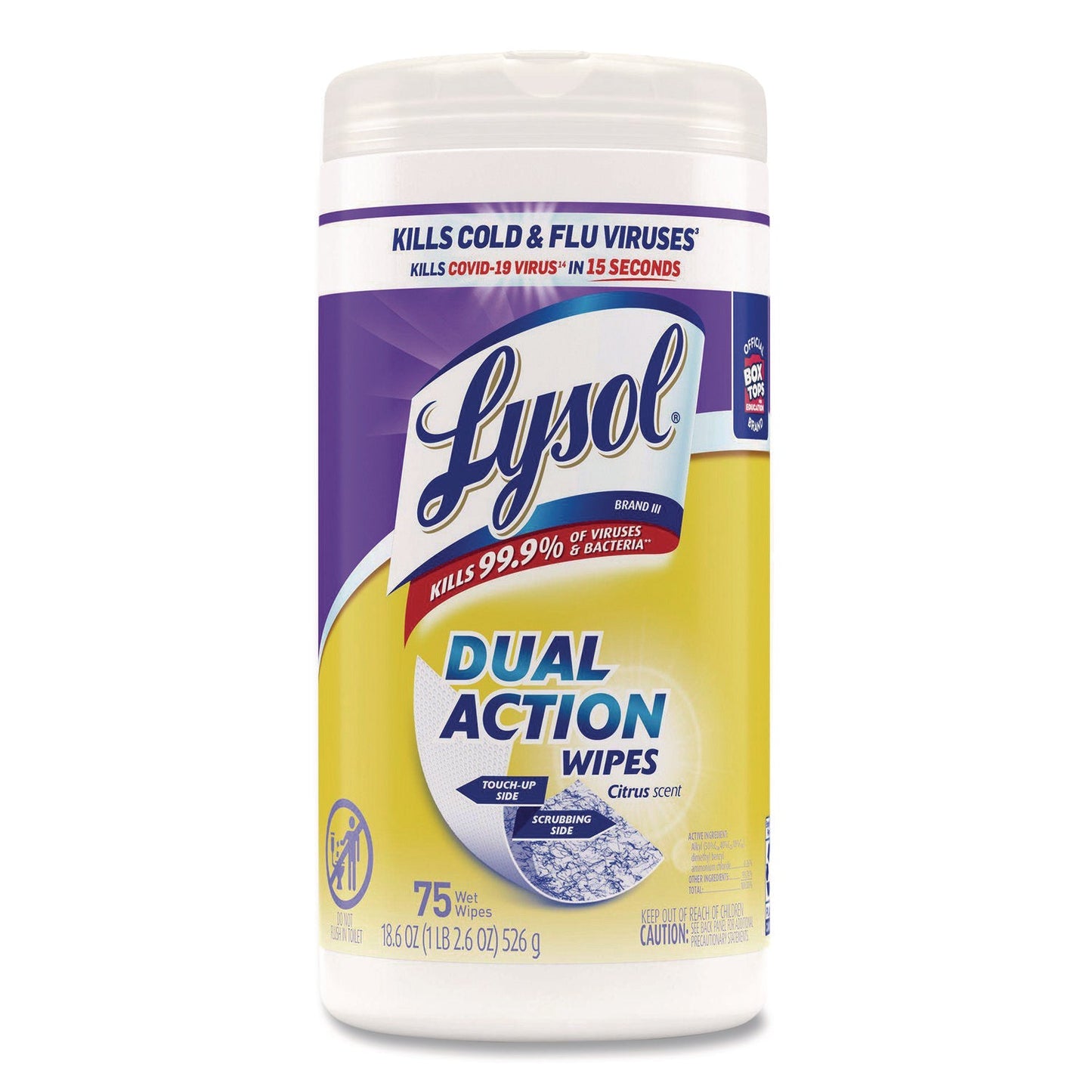 RAC81700 Dual Action Disinfecting Wipes, 1-Ply, 7 x 7.25, Citrus, White/Purple, 75/Canister LYSOL Brand