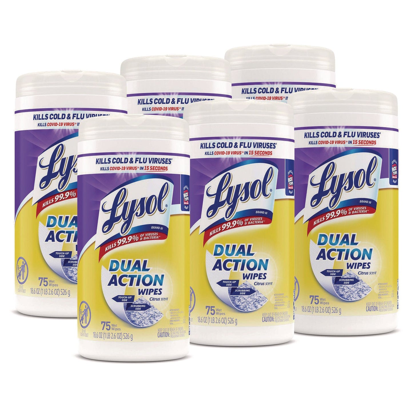 RAC81700CT Dual Action Disinfecting Wipes, 1-Ply, 7 x 7.25, Citrus, White/Purple, 75/Canister, 6 Canisters/Carton LYSOL Brand