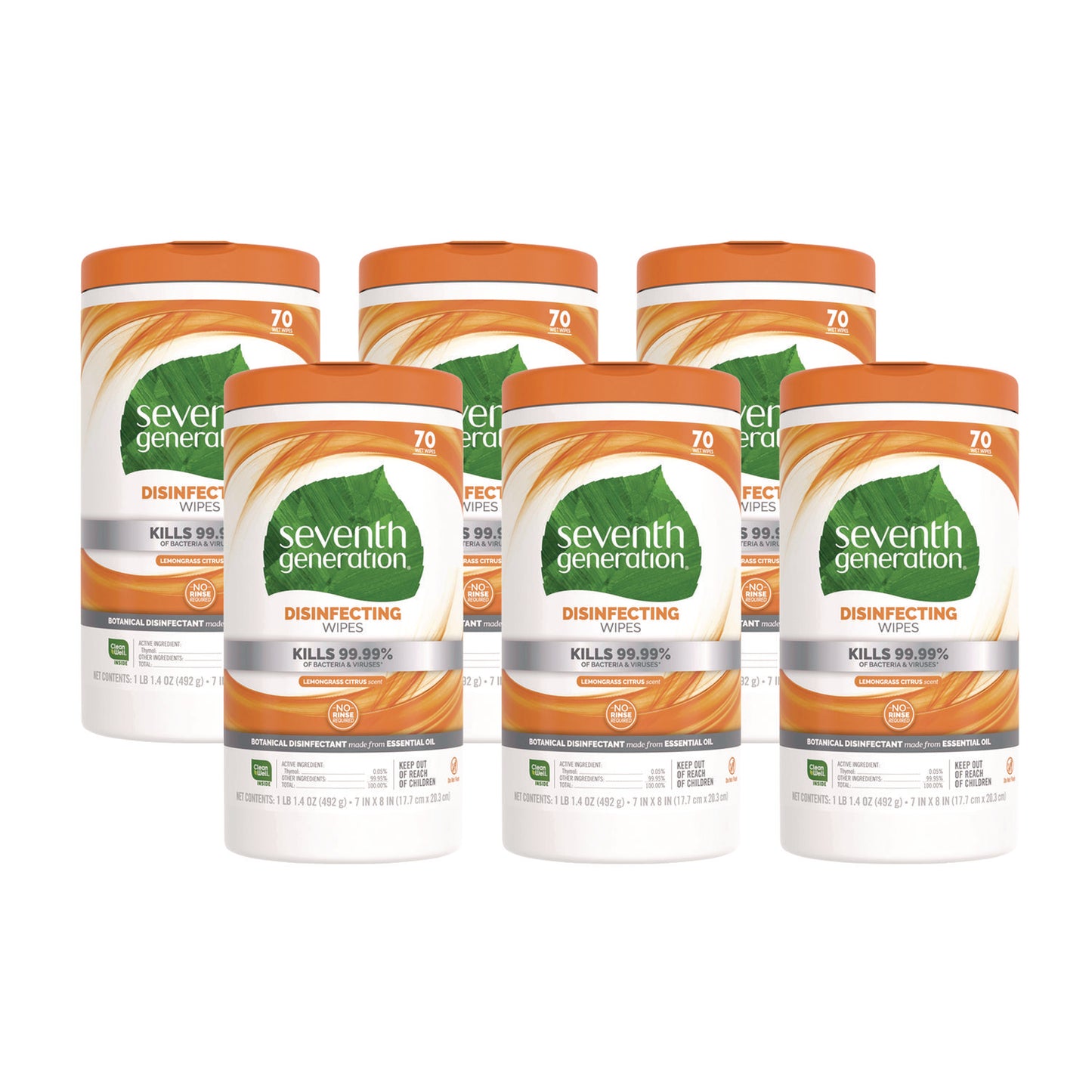 SEV22813CT Botanical Disinfecting Wipes, 7 x 8, Lemongrass Citrus, 70 Count, 6/Carton