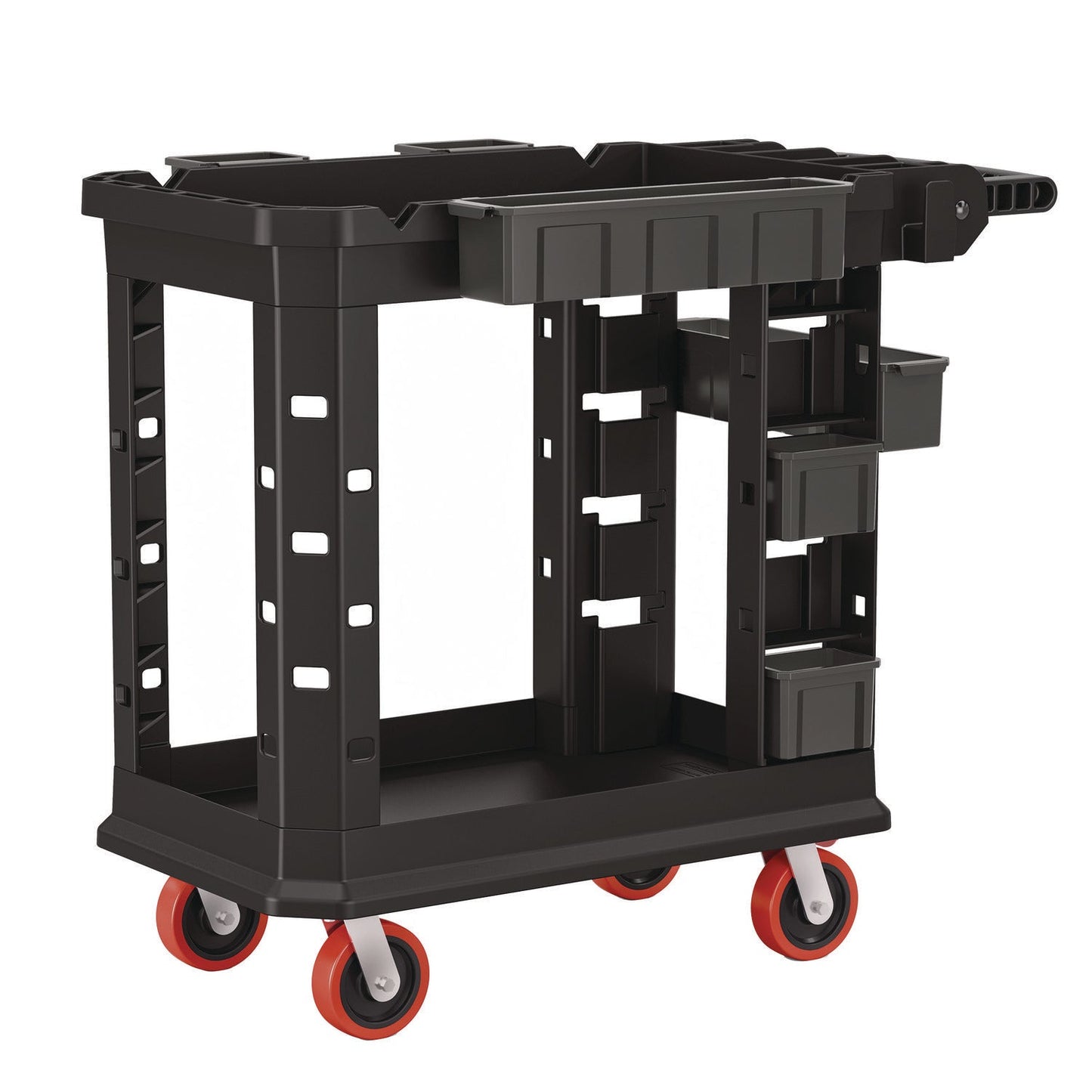 SUAPUCHD1937 Heavy Duty Plus Utility Cart, Plastic, 2 Shelves, 6 Bins, 500 lb Capacity, 19.5" x 41.78" x 34.81", Black Suncast Commercial