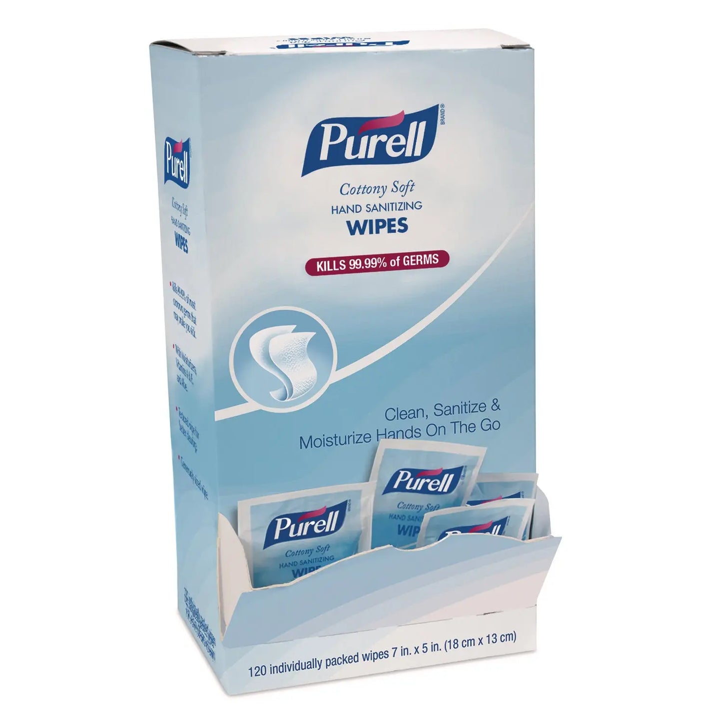 GOJ902712BX Cottony Soft Individually Wrapped Sanitizing Hand Wipes, 5 x 7, Unscented, White, 120/Box PURELL